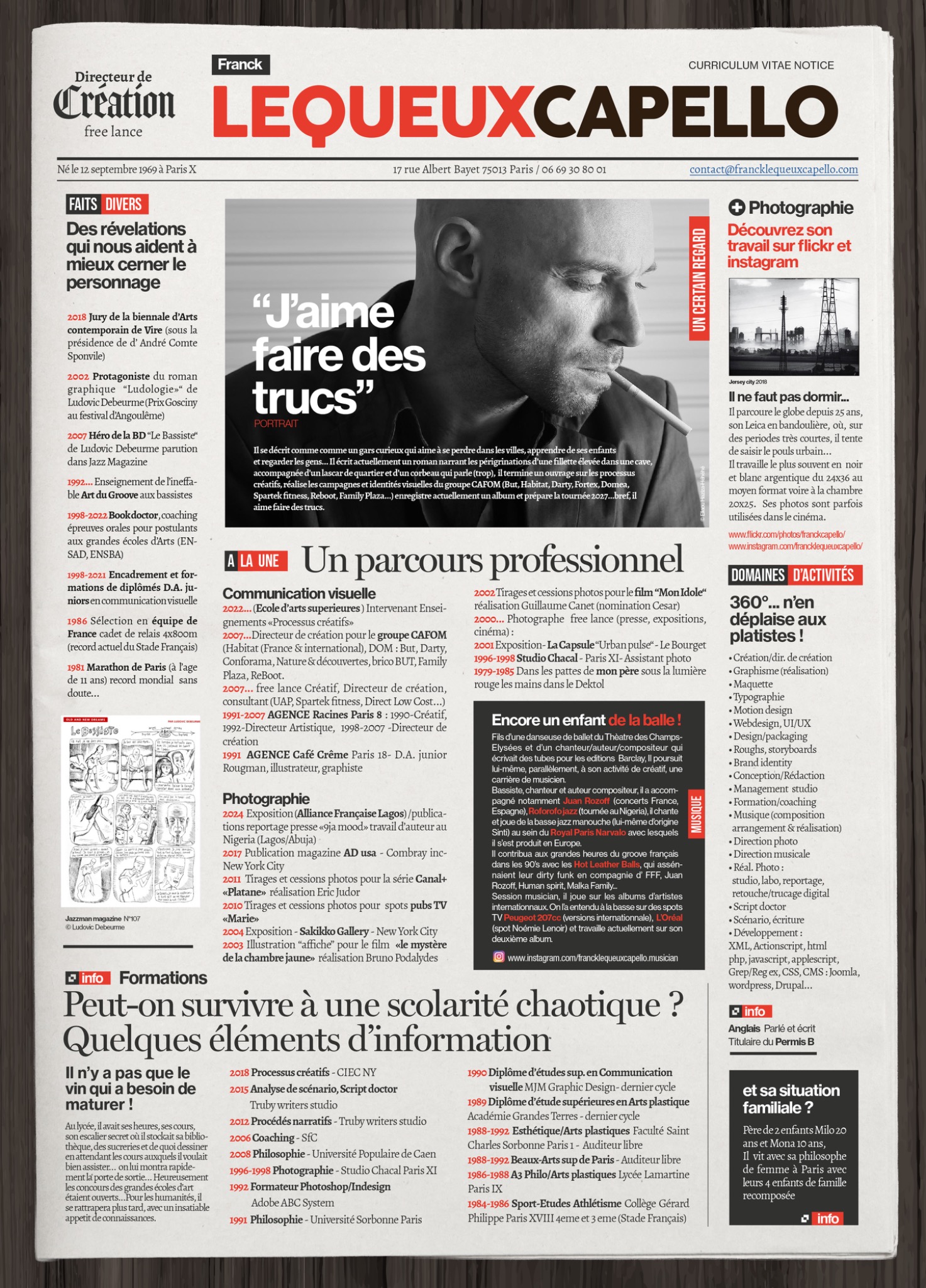 Curriculum vitae de Franck Lequeux-Capello, présenté comme une une de journal : parcours créatif, photographie, musique et formations.